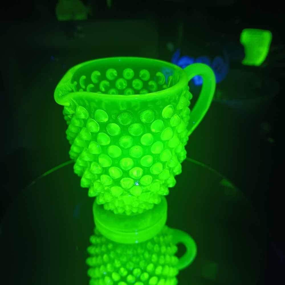 VTG Fenton Topaz Vaseline Opalescent HOBNAIL Glass Creamer Uranium Glass